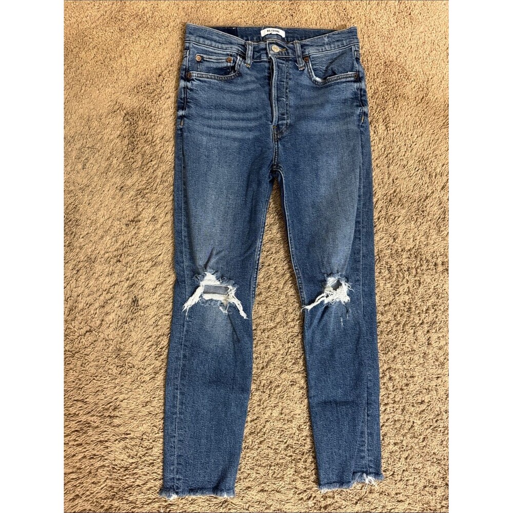 Re/done 90’s High Rise Destroyer Ankle Crop Jeans Blue Womens size 28 Distressed